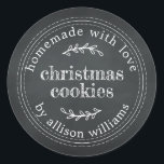 Rustic Homemade Christmas Cookies Chalkboard Classic Round Sticker<br><div class="desc">Rustic and modern homemade Christmas cookies sticker with the text homemade with love,  Christmas cookies and your name in modern script on a chalkboard background. Simply add your name and the product name to the label. Exclusively designed for you by Happy Dolphin Studio.</div>