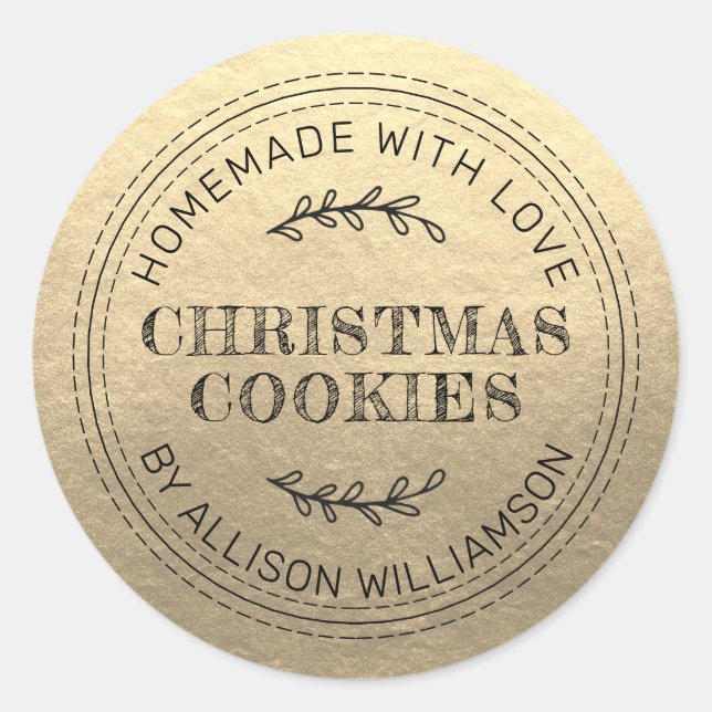 Rustic Homemade Christmas Cookies Champagne Gold Classic Round Sticker (Front)
