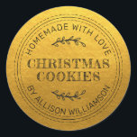 Rustic Homemade Christmas Cookies Classic Gold Classic Round Sticker<br><div class="desc">Rustic and modern homemade baked goods sticker with the text homemade with love, christmas cookies and your name in modern typography on a classic gold background. Simply add your name and the product name to the label. Exclusively designed for you by Happy Dolphin Studio. If you need any help or...</div>