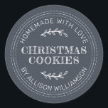 Rustic Homemade Christmas Cookies Dark Blue Classic Round Sticker<br><div class="desc">Rustic and modern homemade baked goods sticker with the text homemade with love, christmas cookies and your name in modern typography on a charcoal dark blue background. Simply add your name and the product name to the label. Exclusively designed for you by Happy Dolphin Studio. If you need any help...</div>