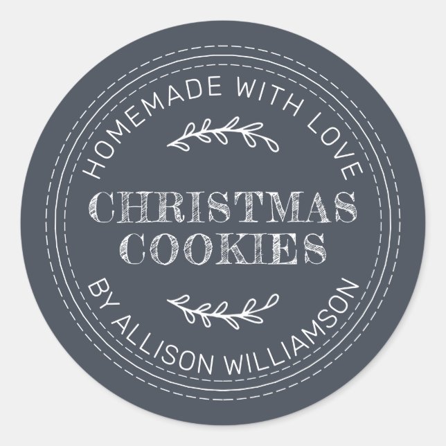 Rustic Homemade Christmas Cookies Dark Blue Classic Round Sticker (Front)