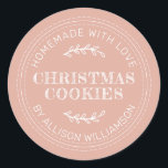 Rustic Homemade Christmas Cookies Dusty Pink Classic Round Sticker<br><div class="desc">Rustic and modern homemade baked goods sticker with the text homemade with love, christmas cookies and your name in modern typography on a dusty pink background. Simply add your name and the product name to the label. Exclusively designed for you by Happy Dolphin Studio. If you need any help or...</div>