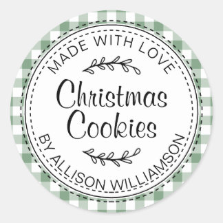 Rustic Homemade Christmas Cookies Green Check Classic Round Sticker
