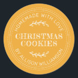 Rustic Homemade Christmas Cookies Mellow Yellow Classic Round Sticker<br><div class="desc">Rustic and modern homemade baked goods sticker with the text homemade with love, christmas cookies and your name in modern typography on a mellow yellow background. Simply add your name and the product name to the label. Exclusively designed for you by Happy Dolphin Studio. If you need any help or...</div>