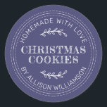 Rustic Homemade Christmas Cookies Navy Blue Classic Round Sticker<br><div class="desc">Rustic and modern homemade baked goods sticker with the text homemade with love, christmas cookies and your name in modern typography on a navy blue background. Simply add your name and the product name to the label. Exclusively designed for you by Happy Dolphin Studio. If you need any help or...</div>