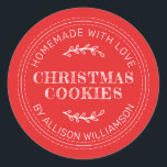 Rustic Homemade Christmas Cookies Red Classic Round Sticker<br><div class="desc">Rustic and modern homemade baked goods sticker with the text homemade with love, christmas cookies and your name in modern typography on a bright red background. Simply add your name and the product name to the label. Exclusively designed for you by Happy Dolphin Studio. If you need any help or...</div>