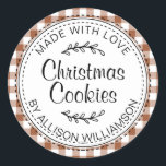 Rustic Homemade Christmas Cookies TerraCotta Check Classic Round Sticker<br><div class="desc">Rustic, modern and simple homemade baked goods apple pie sticker with the text made with love, Christmas cookies and your name in elegant handwritten script calligraphy and typography on a terracotta check pattern background with a stylish touch of foliage. Simply add your name and the product name to the label....</div>