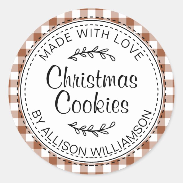 Rustic Homemade Christmas Cookies TerraCotta Check Classic Round Sticker (Front)