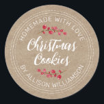 Rustic Homemade Christmas Cranberry Cookies Kraft  Classic Round Sticker<br><div class="desc">Rustic and modern homemade baked goods sticker with the text homemade with love, christmas cookies and your name in handwritten script calligraphy and modern typography on a kraft paper background with a stylish touch of cranberries sprigs. Simply add your name and the product name to the label. Exclusively designed for...</div>