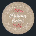 Rustic Homemade Christmas Cranberry Cookies Kraft  Classic Round Sticker<br><div class="desc">Rustic and modern homemade baked goods sticker with the text homemade with love, christmas cookies and your name in handwritten script calligraphy and modern typography on a kraft paper background with a stylish touch of cranberries sprigs. Simply add your name and the product name to the label. Exclusively designed for...</div>