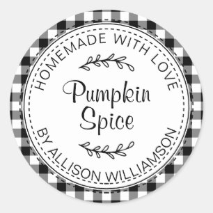 Rustic Homemade Pumpkin Spice Black White Check Classic Round Sticker