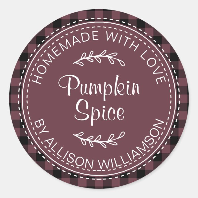 Rustic Homemade Pumpkin Spice Burgundy Check Class Classic Round Sticker (Front)