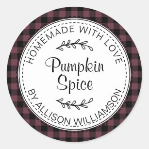 Rustic Homemade Pumpkin Spice Burgundy Check Classic Round Sticker