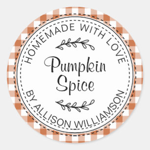 Rustic Homemade Pumpkin Spice Burnt Orange Check Classic Round Sticker
