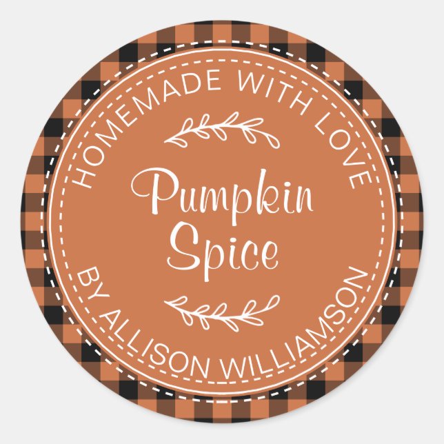 Rustic Homemade Pumpkin Spice Burnt Orange Check Classic Round Sticker (Front)