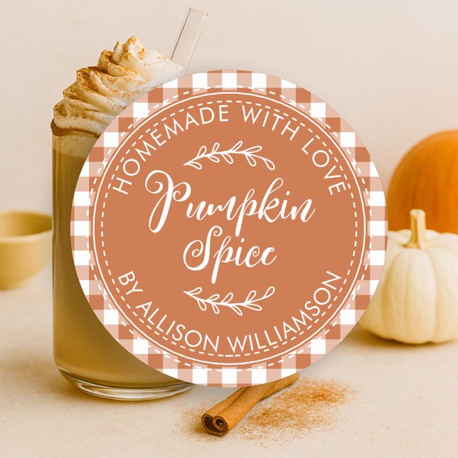 Rustic Homemade Pumpkin Spice Burnt Orange Check Classic Round Sticker (Creator Uploaded)