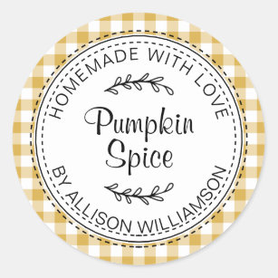 Rustic Homemade Pumpkin Spice Yellow Check Classic Round Sticker