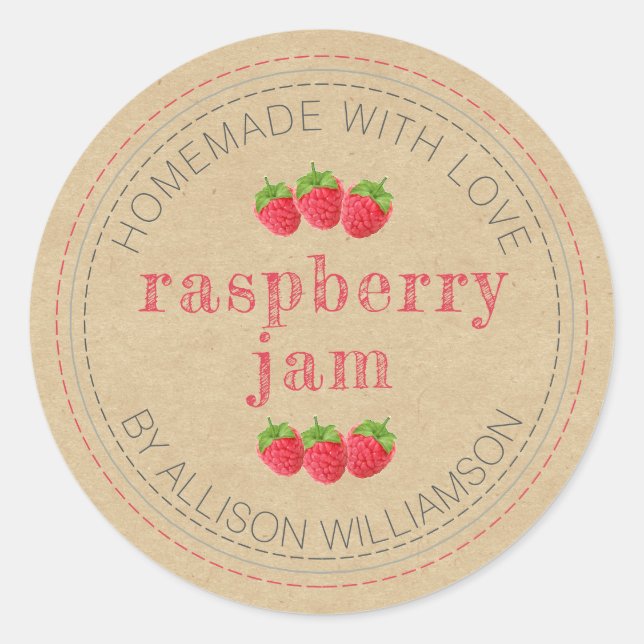 Rustic Homemade Raspberry Jam Can Kraft Paper Jar  Classic Round Sticker (Front)