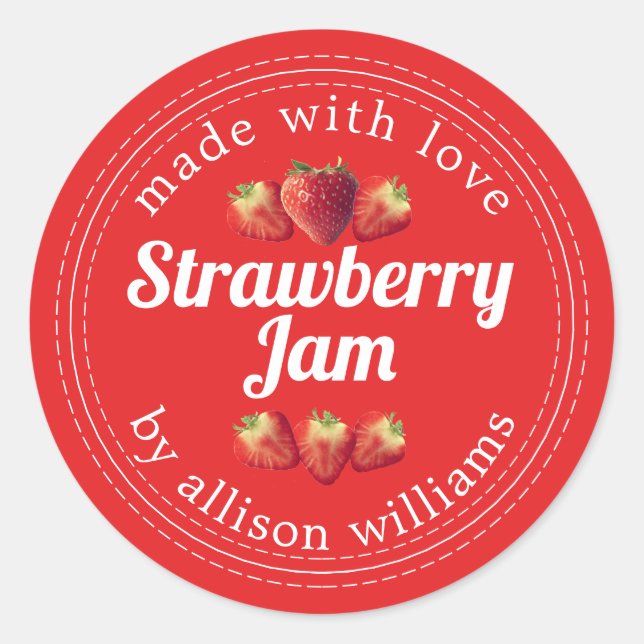 Rustic Homemade Strawberry Jam Red Classic Round Sticker (Front)