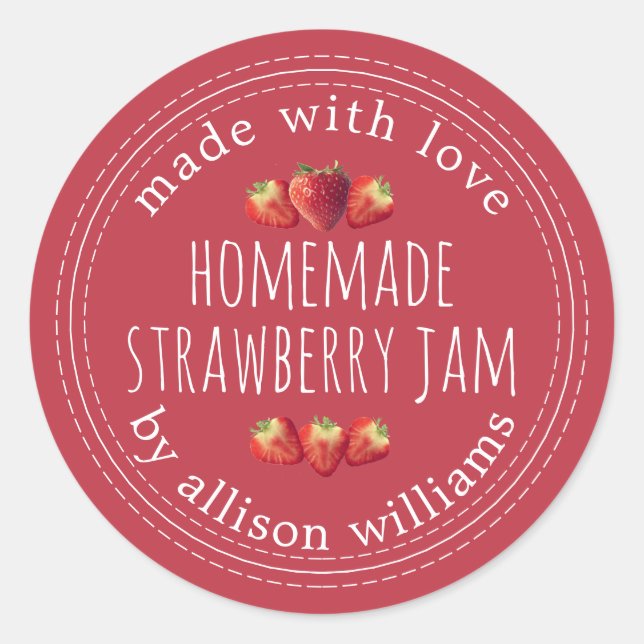 Rustic Homemade Strawberry Jam True Red Classic Round Sticker (Front)