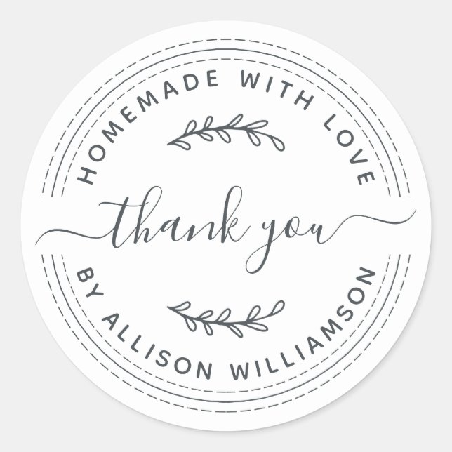 Rustic Homemade With Love Black White Thank You Classic Round Sticker (Front)