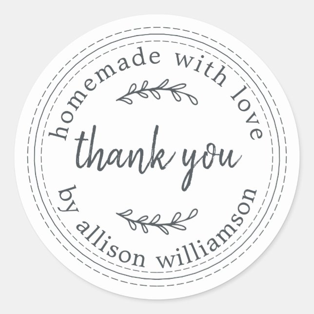 Rustic Homemade With Love Black WhiteThank You Classic Round Sticker (Front)
