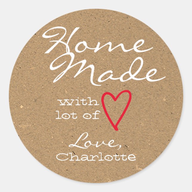 Rustic Homemade with Love Red Heart Kraft Paper  Classic Round Sticker (Front)