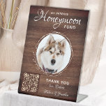 Rustic Honeymoon Fund Custom Dog Photo Pet Wedding Pedestal Sign<br><div class="desc">Let your best dog be in charge of your honeymoon with this custom pet photo honeymoon fund sign. Perfect for dog lovers, and a dog honeymoon fund will be a hit at your wedding. Rustic country wood with black and white botanical eucalyptus leaves. "My Parents Honeymoon Fund" Customise this pet...</div>