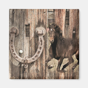 Rustic Horse Horseshoe on Barn Wood Magnet