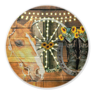 Rustic Horse Sunflowers Wagon Wheel Cowboy Boots Ceramic Knob