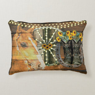 Rustic Horse Sunflowers Wagon Wheel Cowboy Boots Decorative Cushion