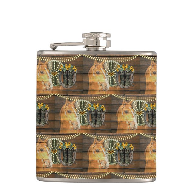 Rustic Horse Sunflowers Wagon Wheel Cowboy Boots F Hip Flask (Front)