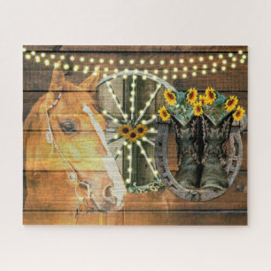 Rustic Horse Sunflowers Wagon Wheel Cowboy Boots Jigsaw Puzzle