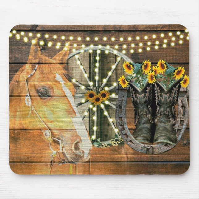 Rustic Horse Sunflowers Wagon Wheel Cowboy Boots Mouse Pad (Front)