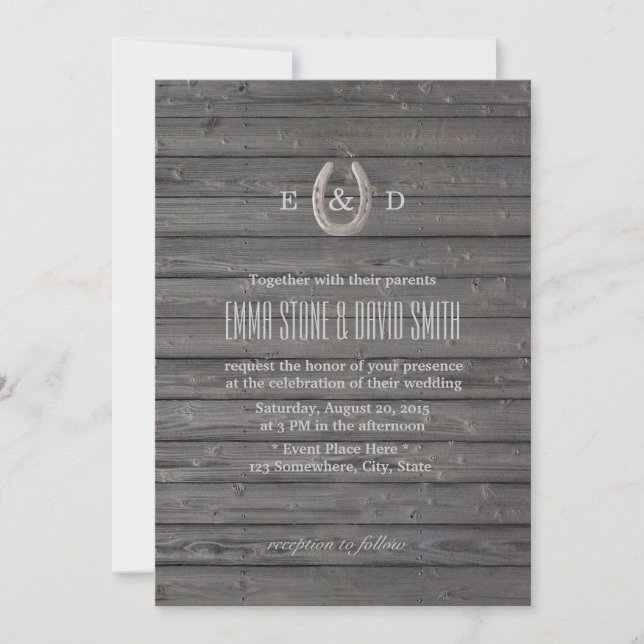 Rustic Horseshoe Dark Barn Wood Wedding Invitation (Front)