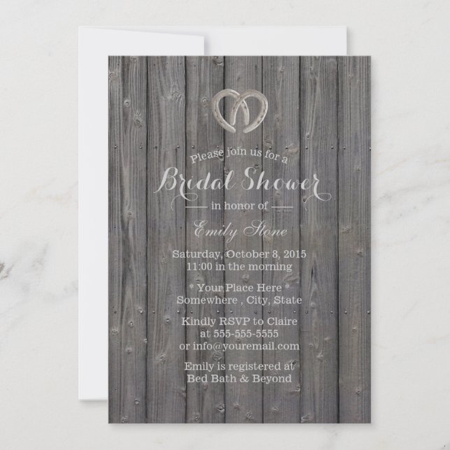 Rustic Horseshoe Heart Barn Wood Bridal Shower Invitation (Front)