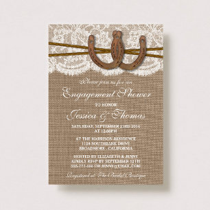 Rustic Horseshoe On Burlap & Lace Engagement Invitation