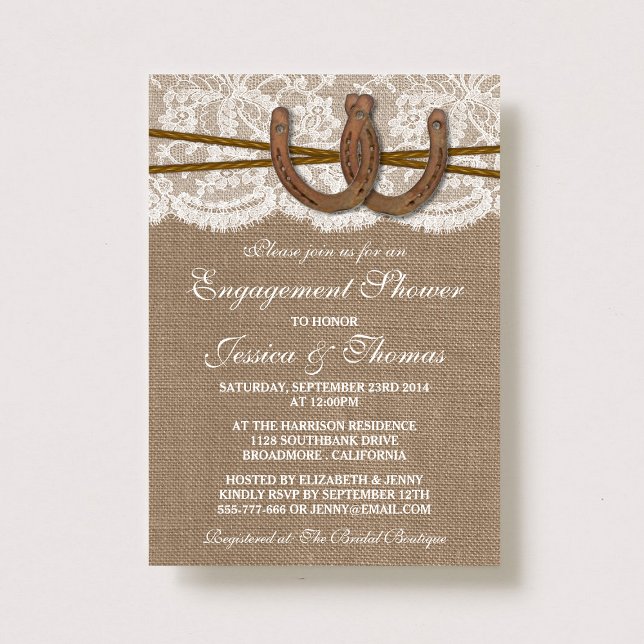 Rustic Horseshoe On Burlap & Lace Engagement Invitation (Creator Uploaded)