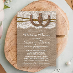 Rustic Horseshoe On Burlap & Lace Wedding Shower Invitation