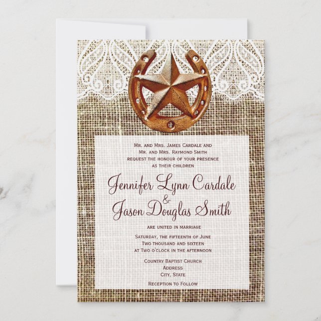 Rustic Horseshoe Star Burlap Wedding Invitations (Front)