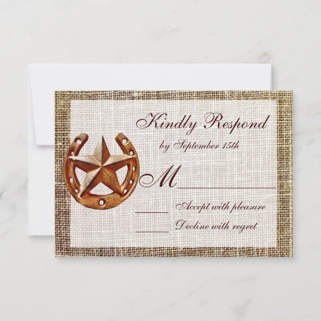 Rustic Horseshoe Star Burlap Wedding RSVP Cards (Front)
