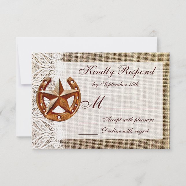Rustic Horseshoe Star Burlap Wedding RSVP Cards (Front)