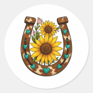 Rustic Horseshoe Sunflowers Country Floral Classic Round Sticker