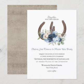 Rustic Horseshoes and Flowers Dusty Blue Invitation