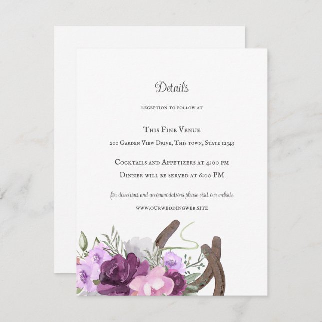 Rustic Horseshoes and Flowers Purple Invitation (Front/Back)