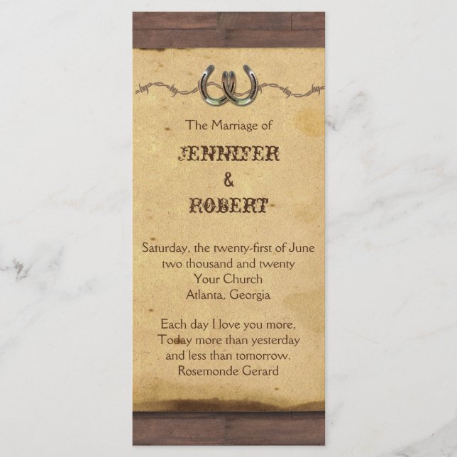 Rustic Horseshoes Barbed Wire Wedding Program Programme (Front)