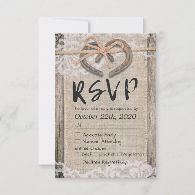 Rustic Horseshoes Burlap Lace Wedding RSVP Reply (Front)