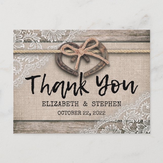 Rustic Horseshoes Burlap Lace Wedding Thank You Postcard (Front)
