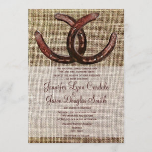 Rustic Horseshoes Burlap Print Wedding Invitations