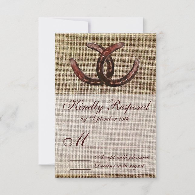 Rustic Horseshoes Burlap Print Wedding RSVP Cards (Front)